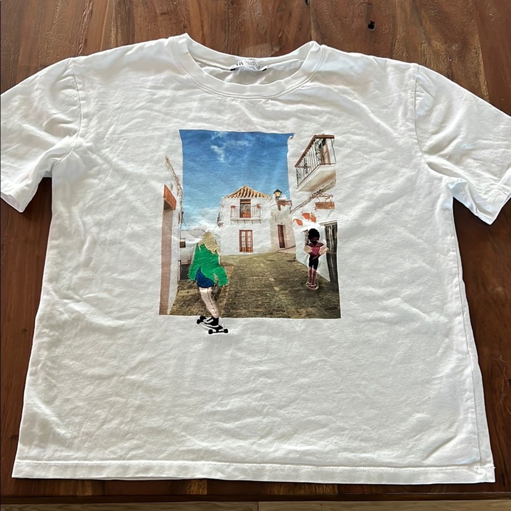Zara Womens Medium Spanish Village Street Short Sleeve 100% Cotton Tee